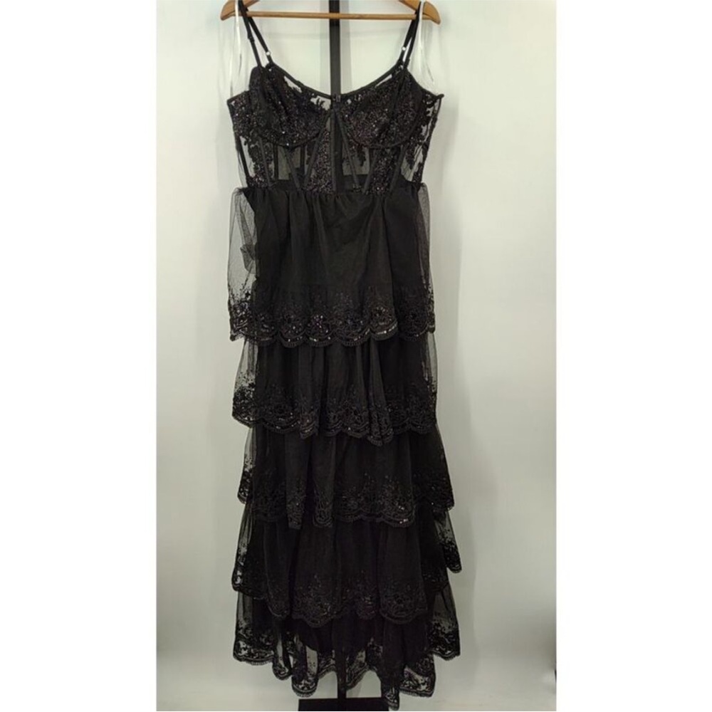 LULU’s Black 🖤 Lace Sequin Tiered Ruffle Sheer Corset Dress XL - Picture 4 of 5